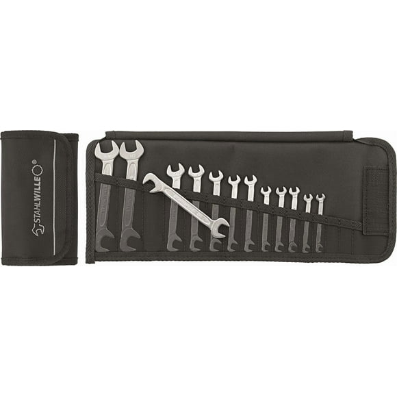 Stahlwille 96404654 Set of Small Double Open Ended Wrench ELECTRIC, 13-Piece Wrench Set in Roll-up Case, 15 Degree & 75 Degree Jaw Position, Chrome Alloy Steel & Chrome Plated