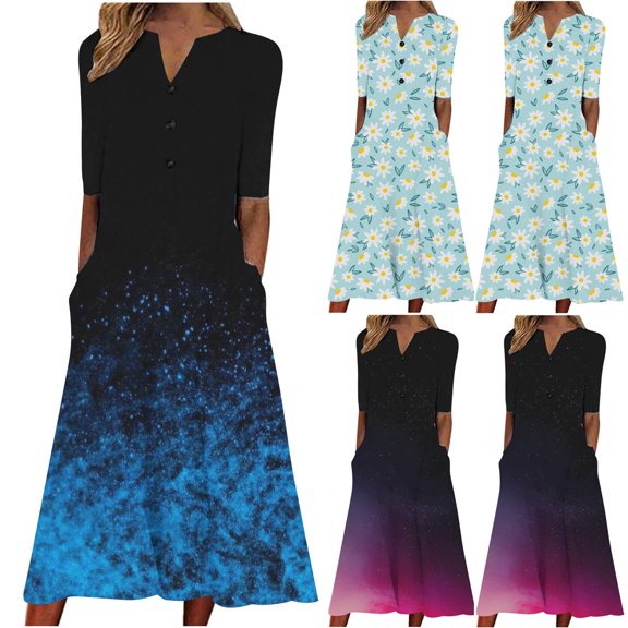 Azrian Womens Plus Size Tops,Fashion Women Summer Printing Causal V-Neck Button Short Sleeve Vacation Pockets Dress Clearance Sales Today Deals Prime