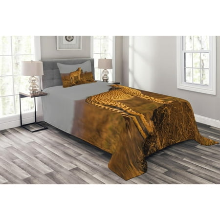 Inc Cheetah Bedding Safari Bedspread Set, African Wild Animal Cheetah Standing on Termite Mound Savannah Nature View, Decorative Quilted Coverlet Set with Pillow Shams Included, Ginger Apricot Dust, by Ambesonne ()