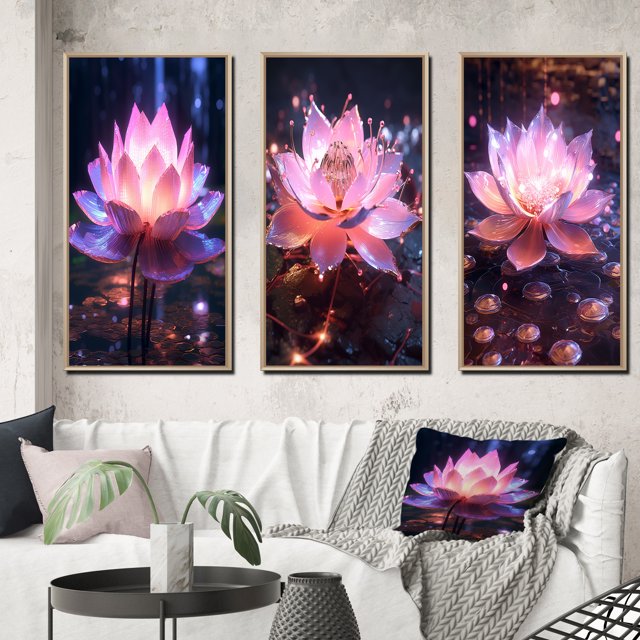 Designart "Pink Lotus with Light Filtering Through II" Lotus Framed Wall Art Set Of 3 - Pink Modern Frame Gallery Wall Set For Home Decor