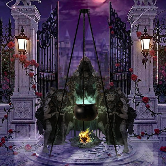 4.6ft Outdoor Halloween Decorations Cauldron on Tripod with Green LED Lights, Hocus Pocus Decor Plastic Witches Cauldron, Waterproof Candy Bowl for Halloween Party, Patio Yard Porch Decor