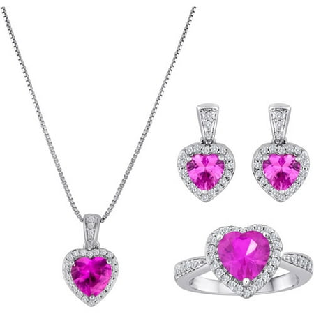 Lab-Created Pink Sapphire and CZ Fine Silver-Plated Brass Boxed Set with Earring, Ring and Pendant, 18