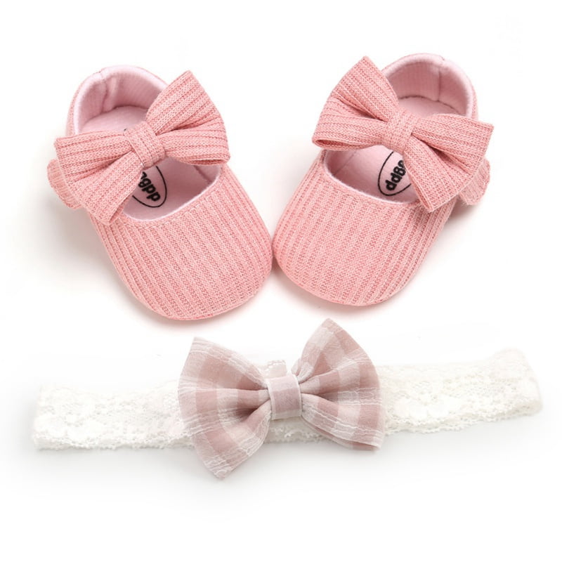 HsdsBebe 2pcs/Set Newborn Baby Girl Princess Mary Jane Shoes Toddler Infant Wedding Dress Flat Shoes with Free Headband 
