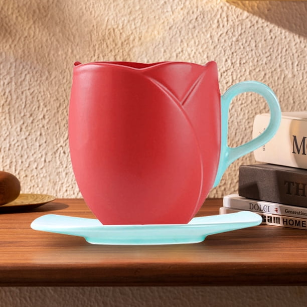 Taza de café Tulip multifunción con platillo para leche de té con leche (tipo alto rojo)