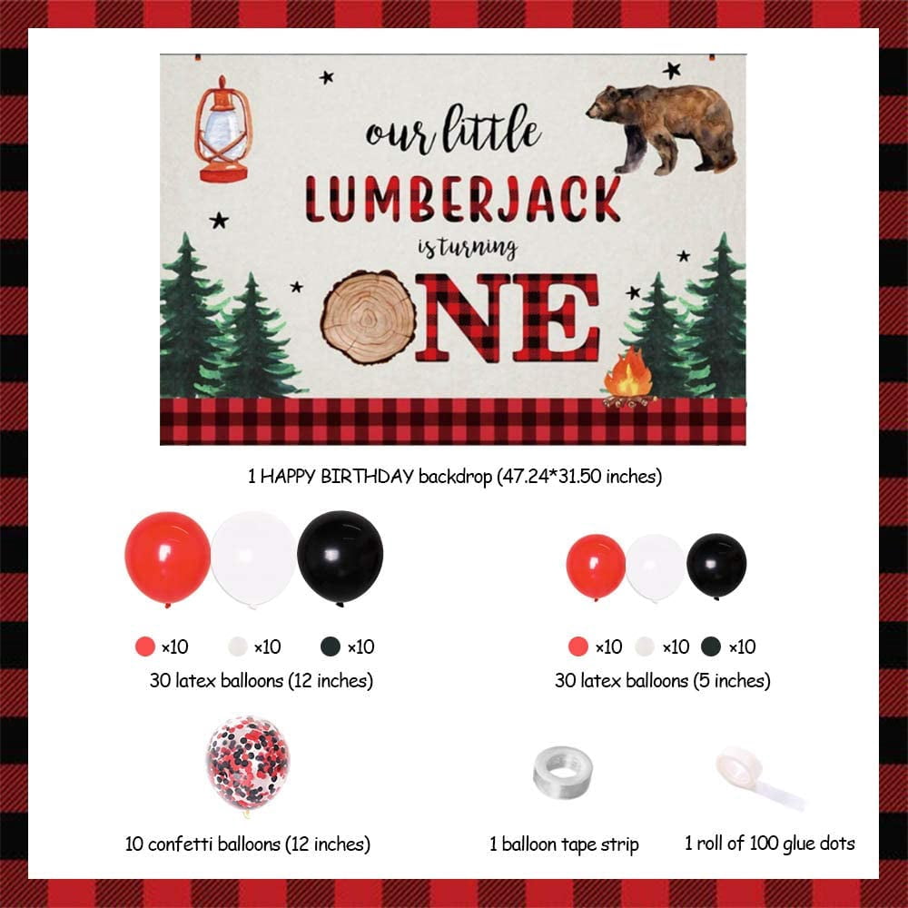 Lumberjack 1st Birthday Party Decorations Kit - Balloon Garland & Backdrop For Boys, Buffalo Plaid Theme