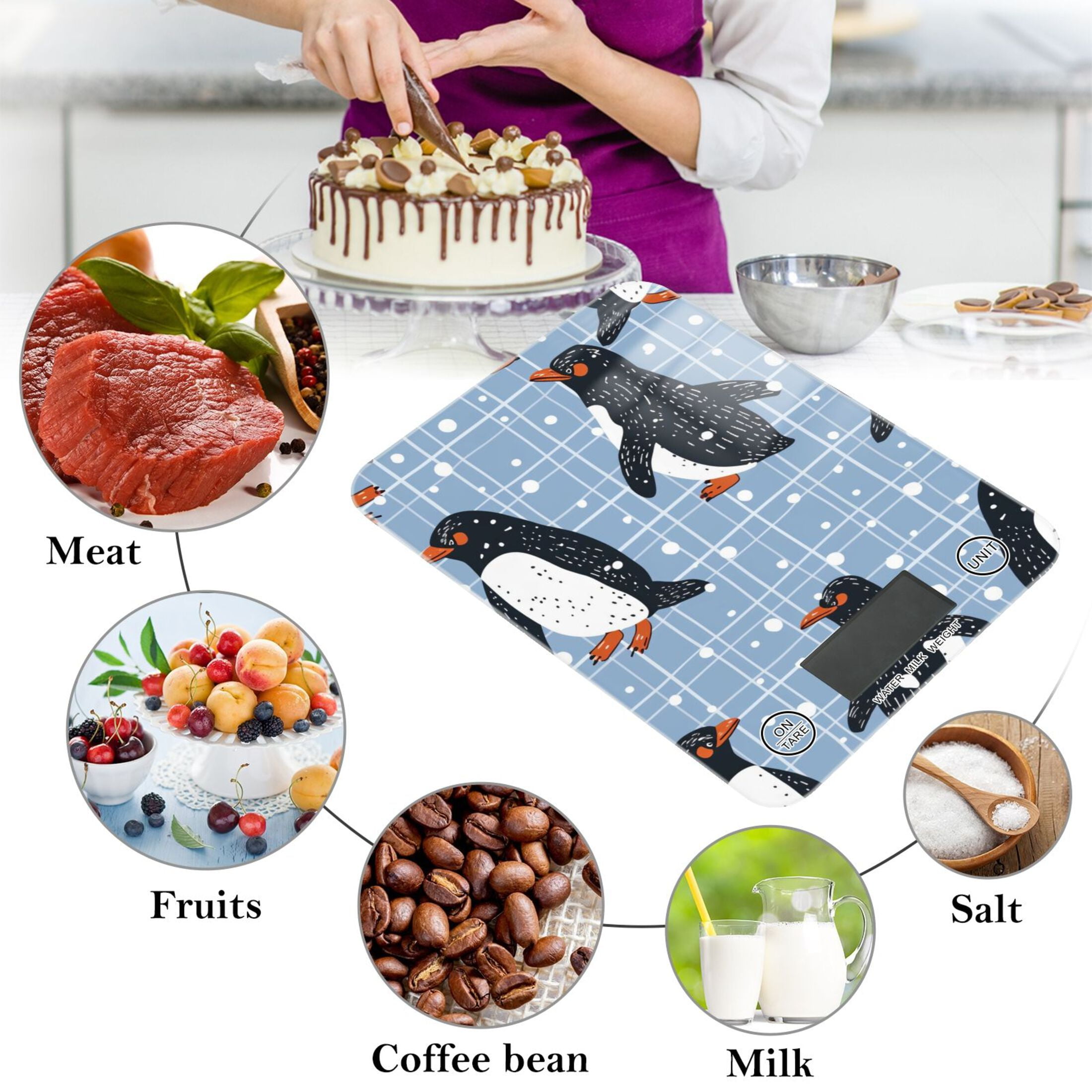 Penguins Grids Food Scale Digital Kitchen Scale Waterproof Tempered Glass Tare Function 11 lb for Baking Cooking Meal Prep