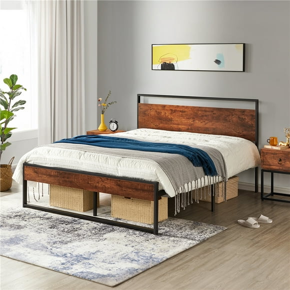 Yaheetech Queen Bed Metal Platform Bed with Wooden Headboard and Footboard,Mahogany