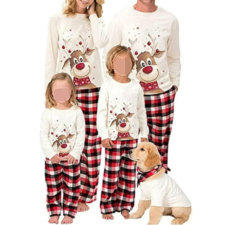 

Christmas Family Matching Pajamas Set Cartoon Deer Tops Plaid Pants Classic Xmas Outfits