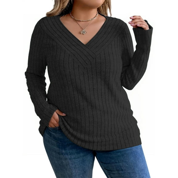 NISVIYA Womens Plus Size V Neck Long Sleeve Winter Pullover Sweater Black