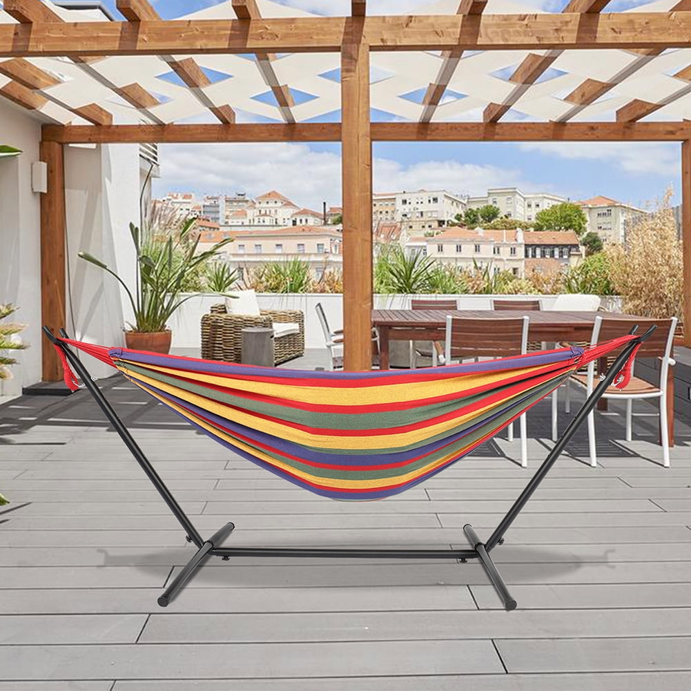 Private Jungle 9ft Steel Pipe Hammock Frame with Cotton Hammock, Natural Rope Iron Hammock Set For Garden, Outdoor, Four Red Private Jungle 9ft Steel Pipe Hammock Frame with Cotton Hammock, Natural Rope Iron Hammock Set For Garden, Outdoor, Four Red