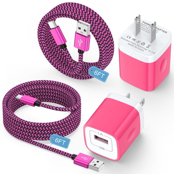 USB Wall Charger Block, 2 Pack Type C Charger with 6FT USB C Charging Cable Type C Cable Cord USB to Usb C Cable, USB Charging Block Android Charger USB Brick USB Plug Adapter[Pink]