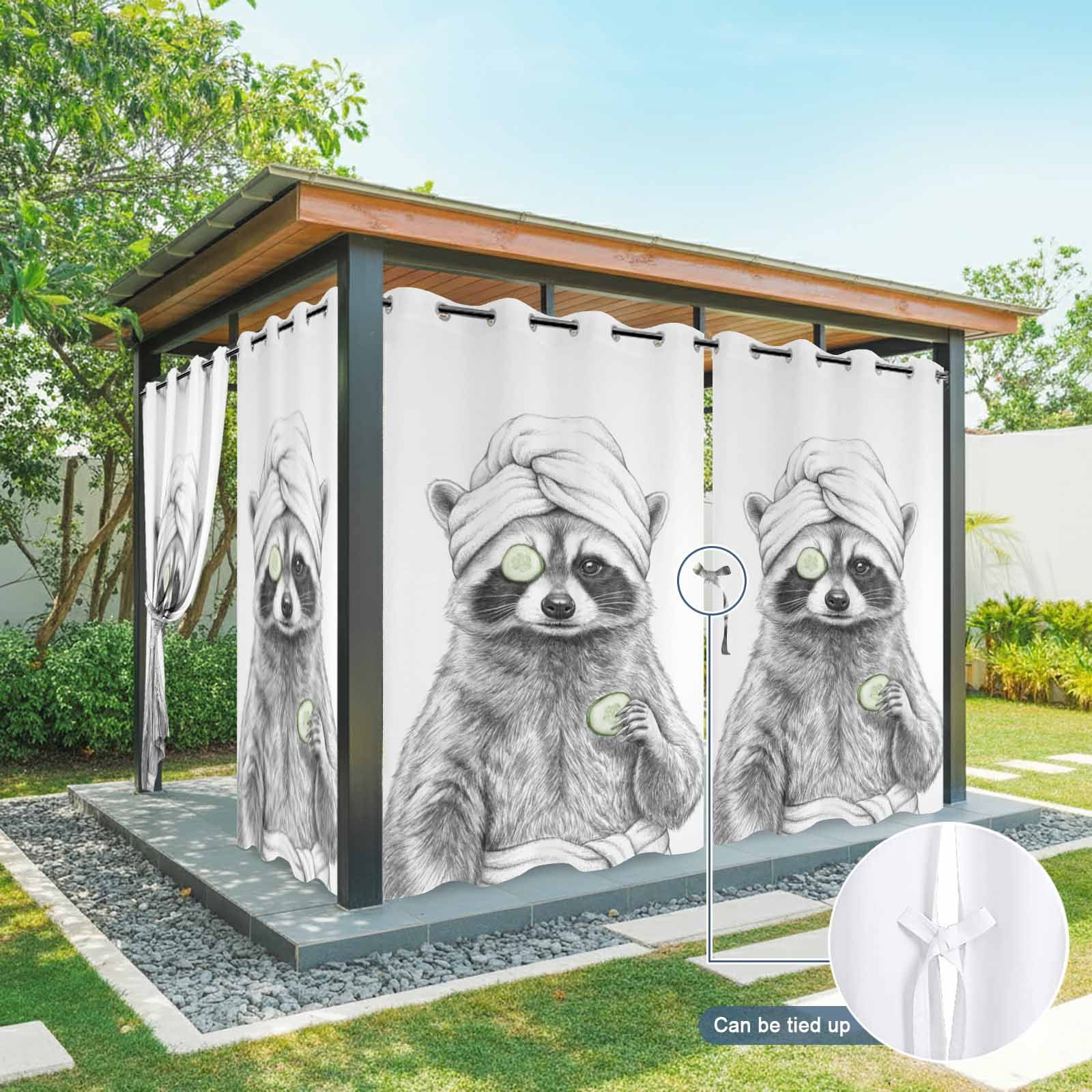 Grey Animals Outdoor Curtains for Patio, Funny Raccoon with Bath Wrap Cucumber Slice Gray Modern Sunshade Privacy Drapes Grommet Waterproof Outside Curtains for Porch/Cabana/Balcony 54"x108", 1 Panel