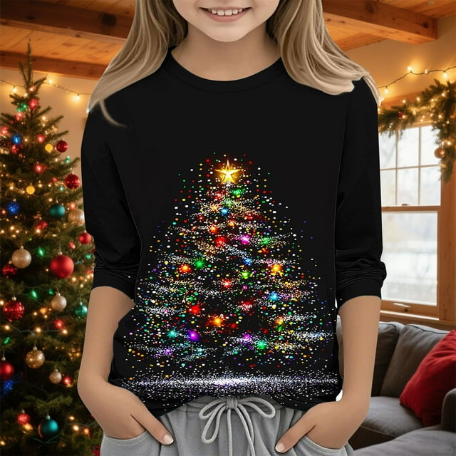 MKOSPLRT T-Shirts pour Enfants à Manches 3/4, T-Shirts de Noël à Col Rond, T-Shirts Graphiques Scintillants avec Sapin de Noël pour Garçon Fille 3-12 Ans