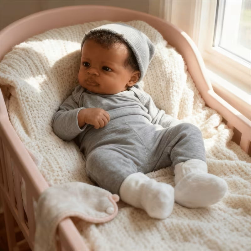 20 Inch Reborn Baby Doll Black Doll, Lifelike Baby Doll with Soft Cloth Body, Hand Rooted Curly Hair, Realistic African American Doll Toy for Kids Age 3+