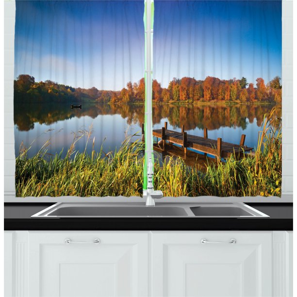 Scenery Curtains 2 Panels Set, Lake View Fishing Countryside Themed