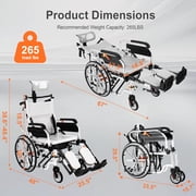 Mujocooker Reclining Wheelchair for Adults, Swing-Away Elevating Leg Rests and Flip-Back Arms, Heavy Duty Transport Wheelchair with High Back & Removable Headrest