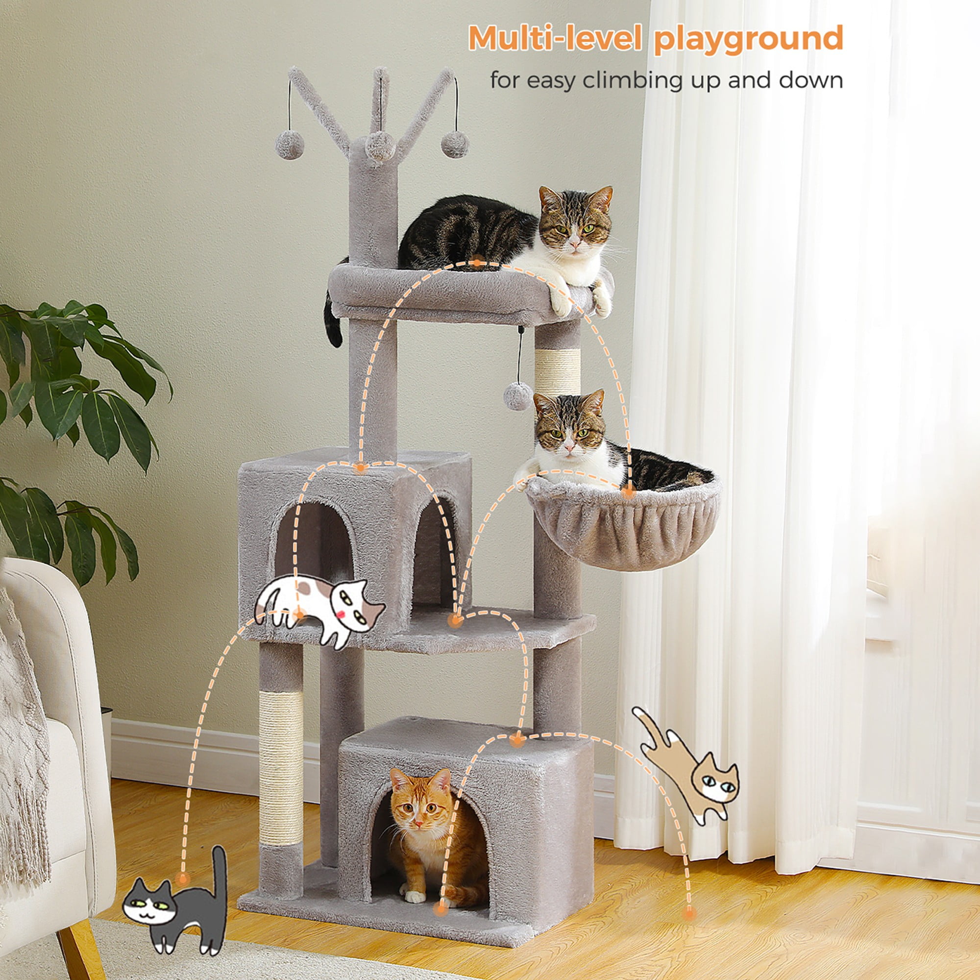 Kadyn 53" Cat Tree Tower for Small Cats with 2 Cat Condos, Hammock and 3 Removable Pompom Sticks, Cat Tree House with Scratching Posts, Gray