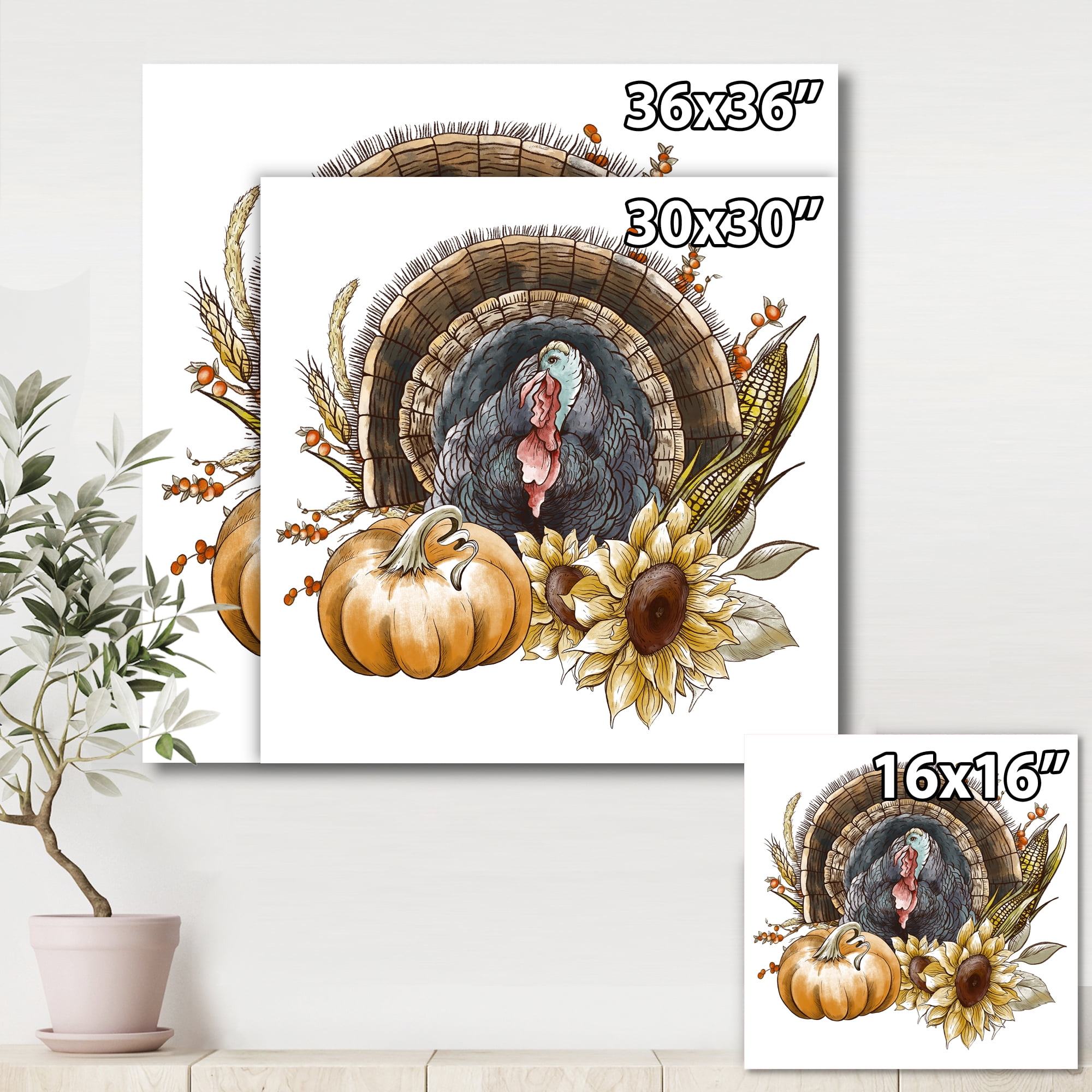 Thanksgiving Vintage Turkey Pumpkin and Sunflowers 16 in x 16 in Painting Canvas Art Print, by Designart