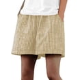 thumbnail image 2 of Gamivast Plus Size Linen Shorts for Women Striped Lightweight Elastic Waist Pull-On Shorts with Pockets Relaxed Fit Wide Leg Striped Summer Beach Vacation Casual Play Wear Everyday Bottoms Beige M, 2 of 6