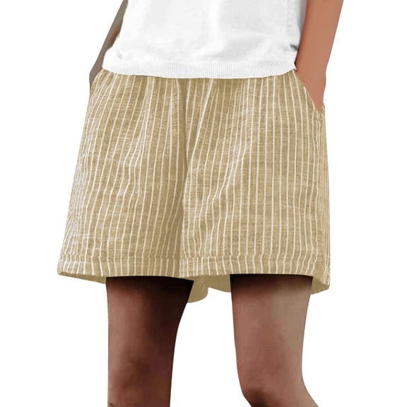 Pxkloy Women's Cotton Linen Shorts Stripes Print Elastic High Waisted Shorts Casual Loose Summer Beach Shorts with Pockets Khaki,L