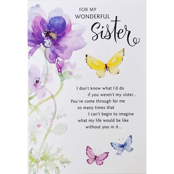 Tarjeta de Felicitación para Cumpleaños de Hermana con Mariposas y Flores Moradas