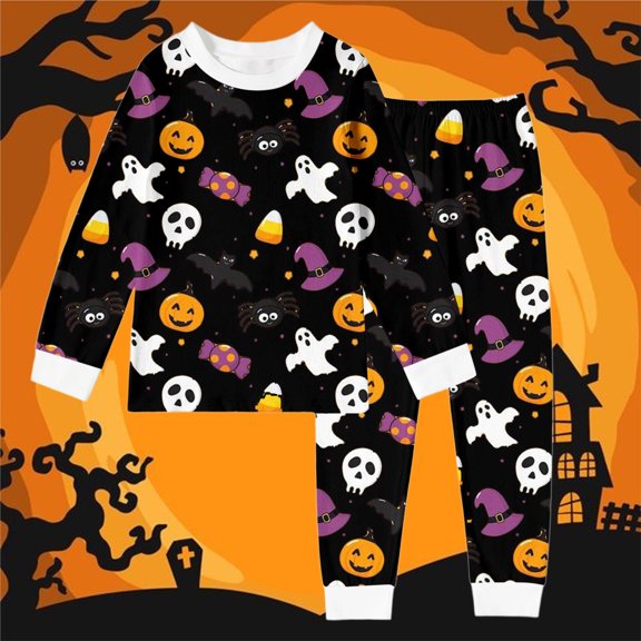 BOOMNY Halloween Girls 2 Peice Pajamas Sets Hallowmas Pumpkin Ghost Graphic Long Sleeve Sleepwear Tops Pants Pjs Set for Kids Cozy Loungewear Homewear