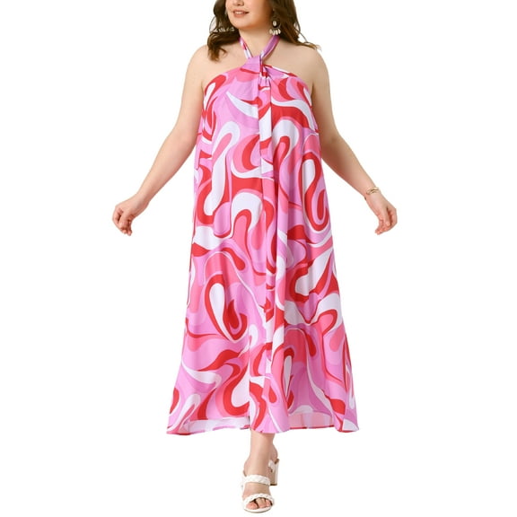 Agnes Orinda Womens Plus Size Valentines Day Summer Dress Colorful Print Halter Neck Backless Sleeveless Sundress Flowy Boho Beach Maxi Dresses 1X Red Pink