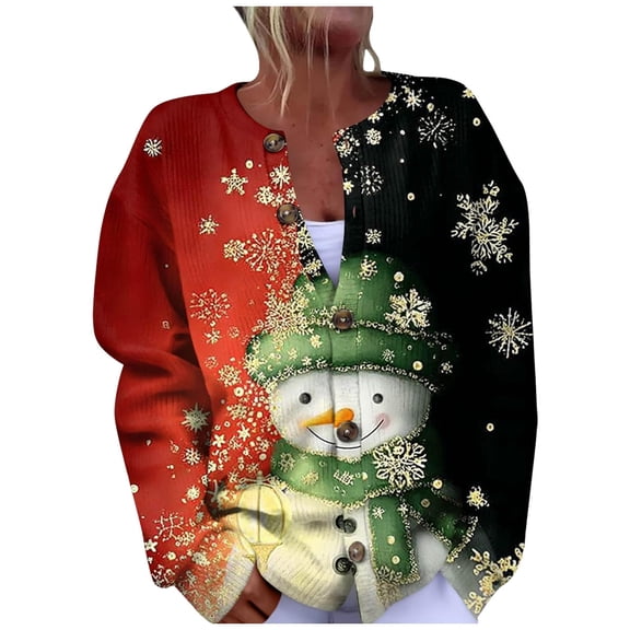 Cute Cardigan Women Christmas Fashion Color Block Snowman Print Knitted Sweater Long Sleeve Button Down Xmas Sweater Coat for Fall and Winter