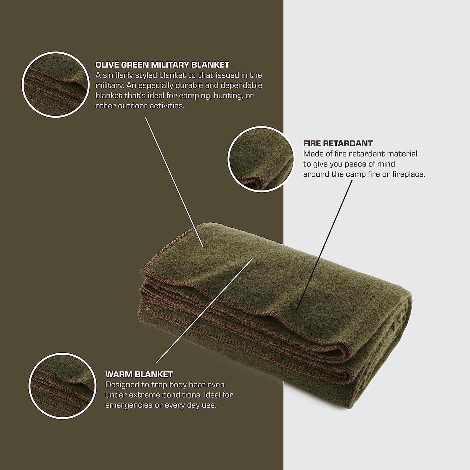 Ever Ready First Aid Warm Fire Retardant Blanket, 66" x 90" (80% Wool) - US Military Style - Olive Drab Green