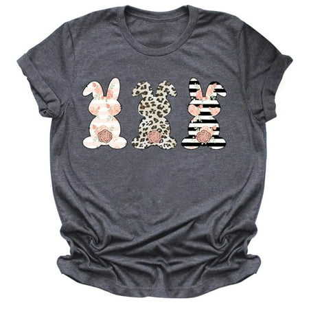 

Women s Bunny Printing Short Sleeve T-Shirt Crew Neck Casual Loose Tee Cute Top for Ladies Summer Tunic Blouse
