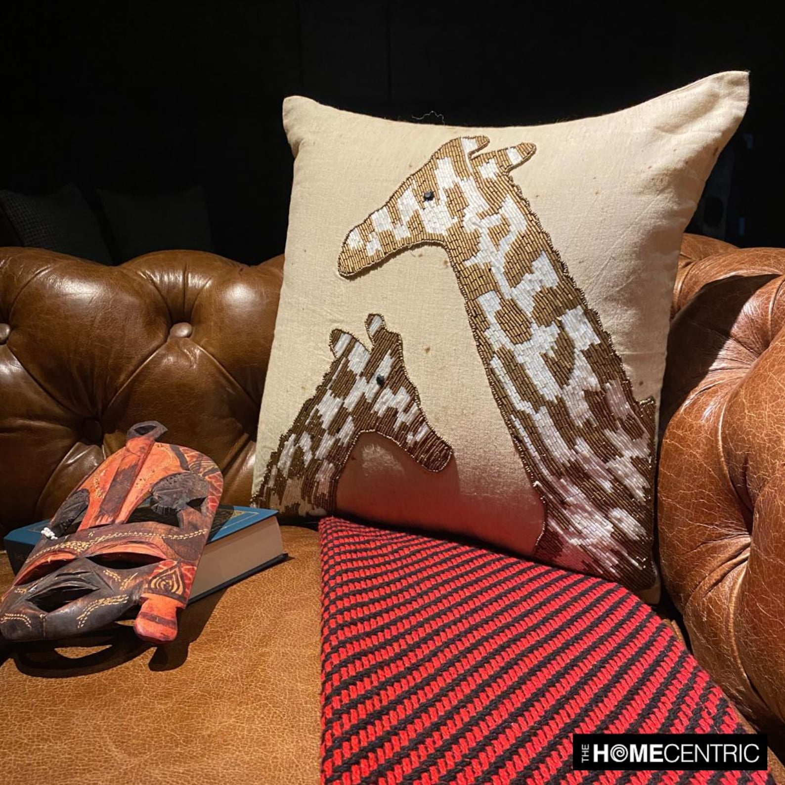 The HomeCentric Pillow Case With Zipper Decorative Animal Print Pillow CoverAccent Couch Sofa Bed Pillow Case Pack of 2 24x24 inch Beige Linen Pillow Cover Bead Embroidered - Giraffe Talk