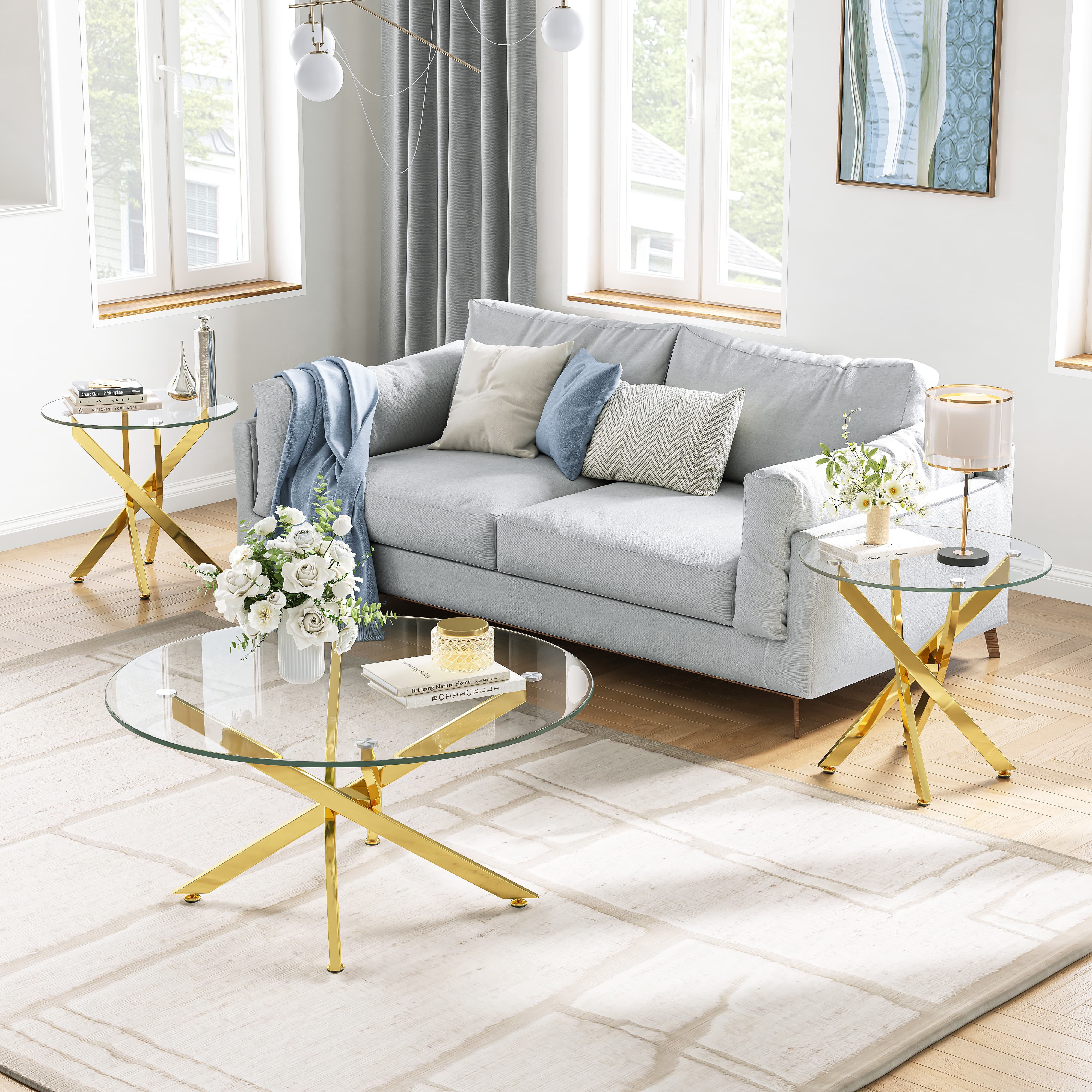 35" Round Glass Coffee Table, 0.39" Tempered Glass Top and Polished Stainless Steel Cross Legs, Modern Style for Living Room, Lounge