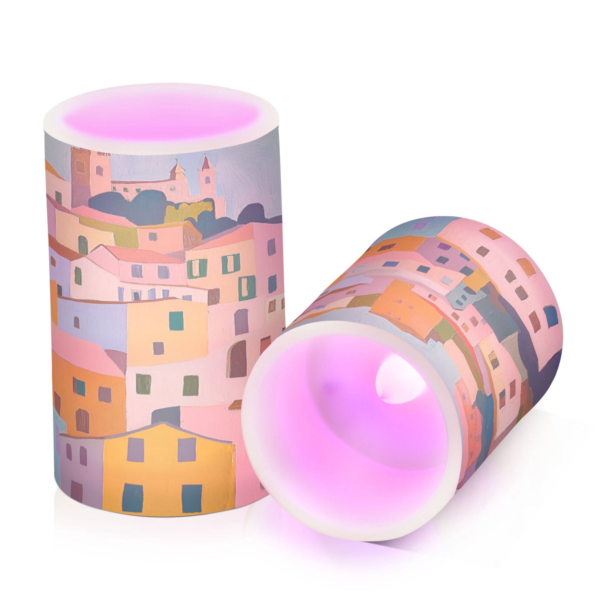 Yayeee Flameless Candles with Remote Flickering Battery Operated Multi Color Changing, Orange Cityscape Painting