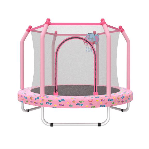 HomePerch 55-Inch Kids Trampoline with Basketball Hoop, Small Toddler Trampoline for Indoor & Outdoor Use, Safe Mini Jumping Trampoline for Toddlers, Pink