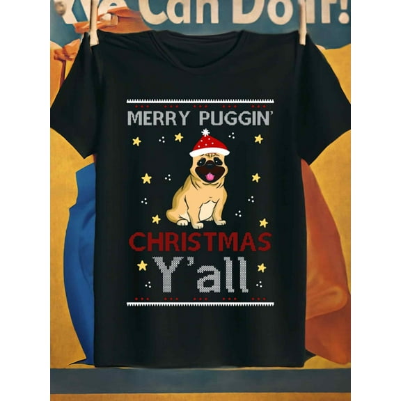 Pug Christmas T-Shirt Christmas cotton tshirts comfort colors tshirt for men 180G 100% Cotton black New spring and autumn trendy printed T-shirts beach humor Christmas elegant glitter humor elegant