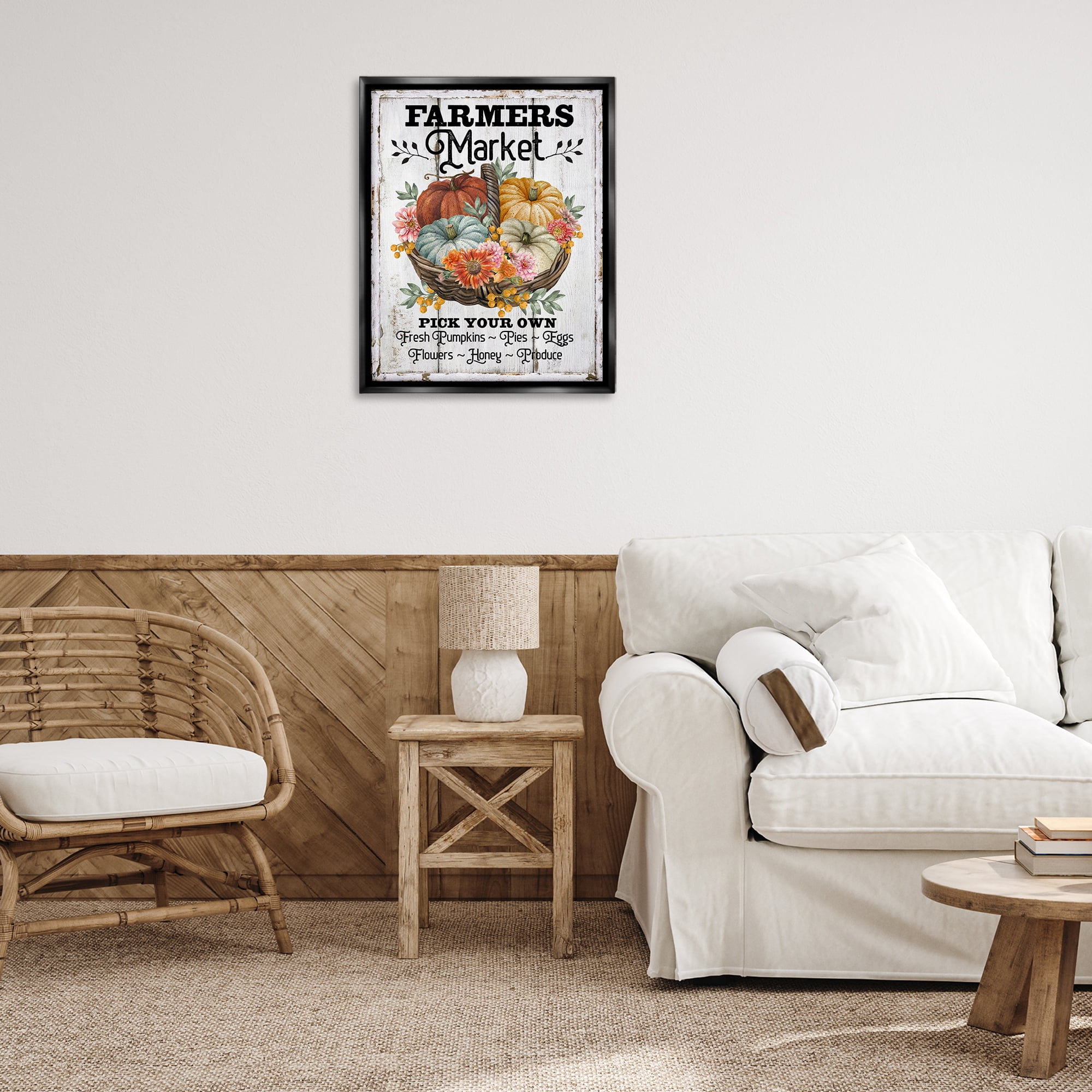 Stupell Industries Farmers Market Pumpkin Basket Holiday Painting Black Floater Framed Canvas Art Prints Wall Art, 25 x 31