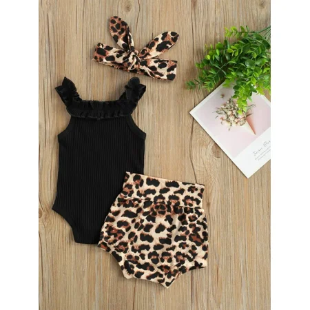 

3pcs Sleeveless Bodysuit & Leopard Pants
