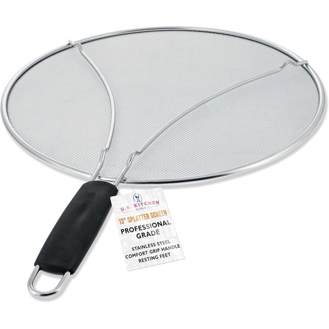 Pantalla antisalpicaduras de malla fina de acero inoxidable de 13" con patas de apoyo y mango de agarre cómodo negro