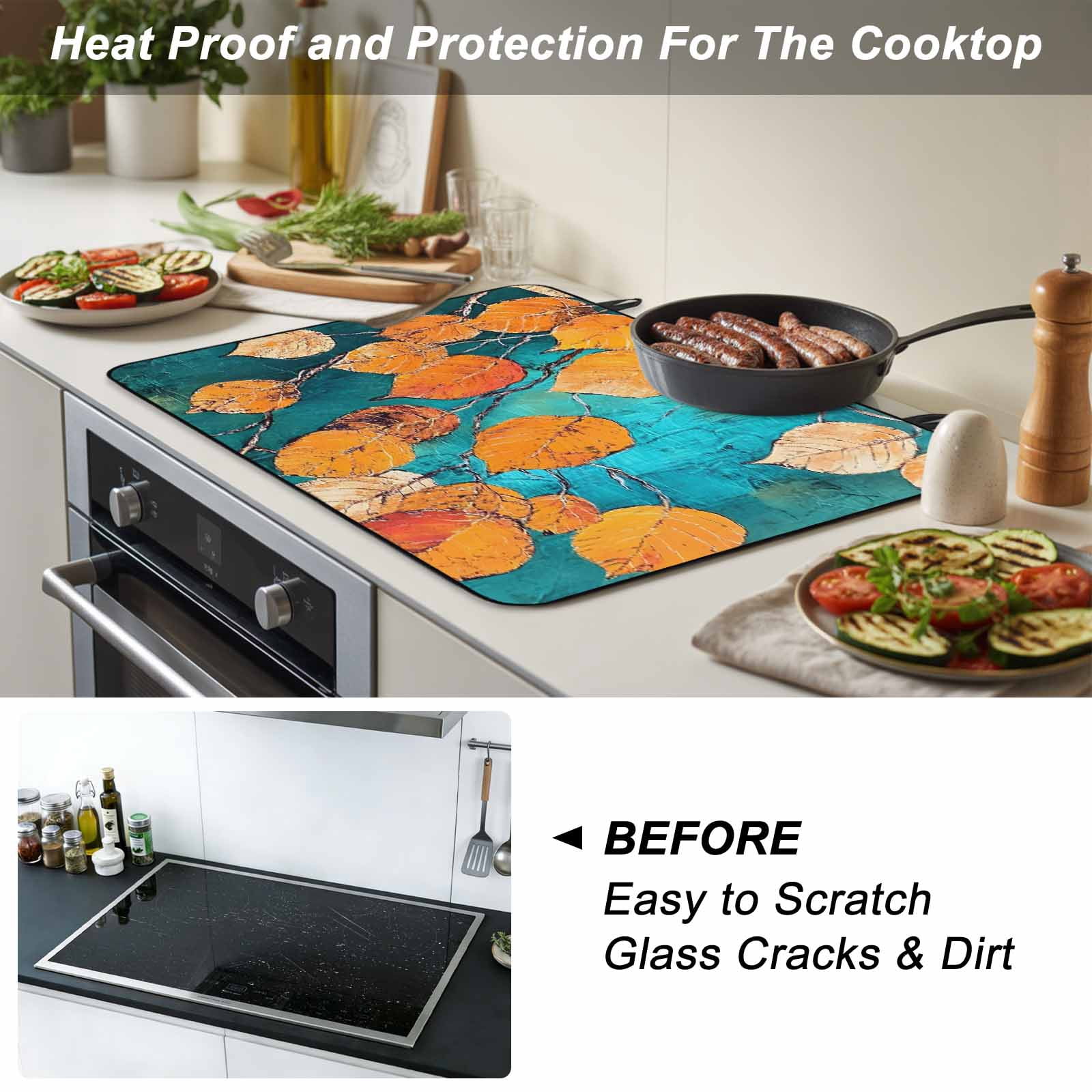 Orange Leaf Stove Top Cover for Electric Stove, Heat-proof & Non Slip Glass Top Stove Cover Protector, Abstract Oil Painting Branch Turquoise Kitchen Flat Cooktop Rubber Mat 24x21 Inches