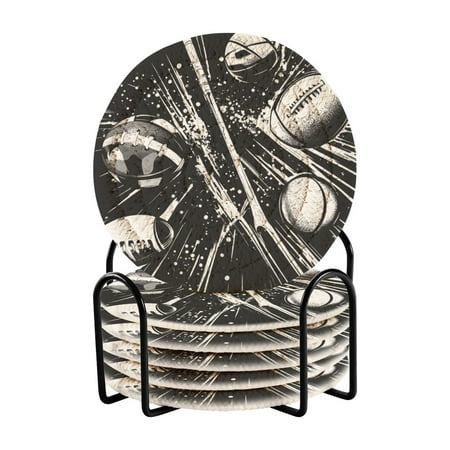 

6-Pack Coiled Coasters Set with Storage Rack Heat-Resistant for Home Office or Gift Black and White Sports Equipment (3.94in Diameter)
