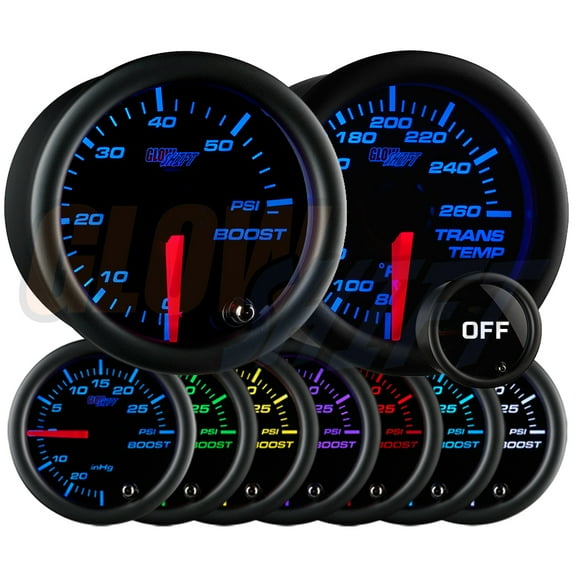 GlowShift | 2-1/16 (52mm) Tinted 7 Color Series 60 PSI Boost Gauge & Transmission Temperature Gauge Dual Set for Cars and Trucks