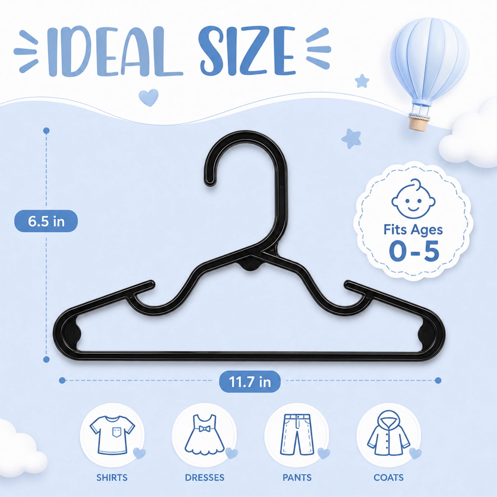 Cozymood  Baby Hangers 20 Pack, Kids Plastic Hangers for Nursery Closet, Space Saving Toddler Hangers for Infant & Child Clothes, Baby Clothes Hangers for Shirts, Pants, Coats, Black
