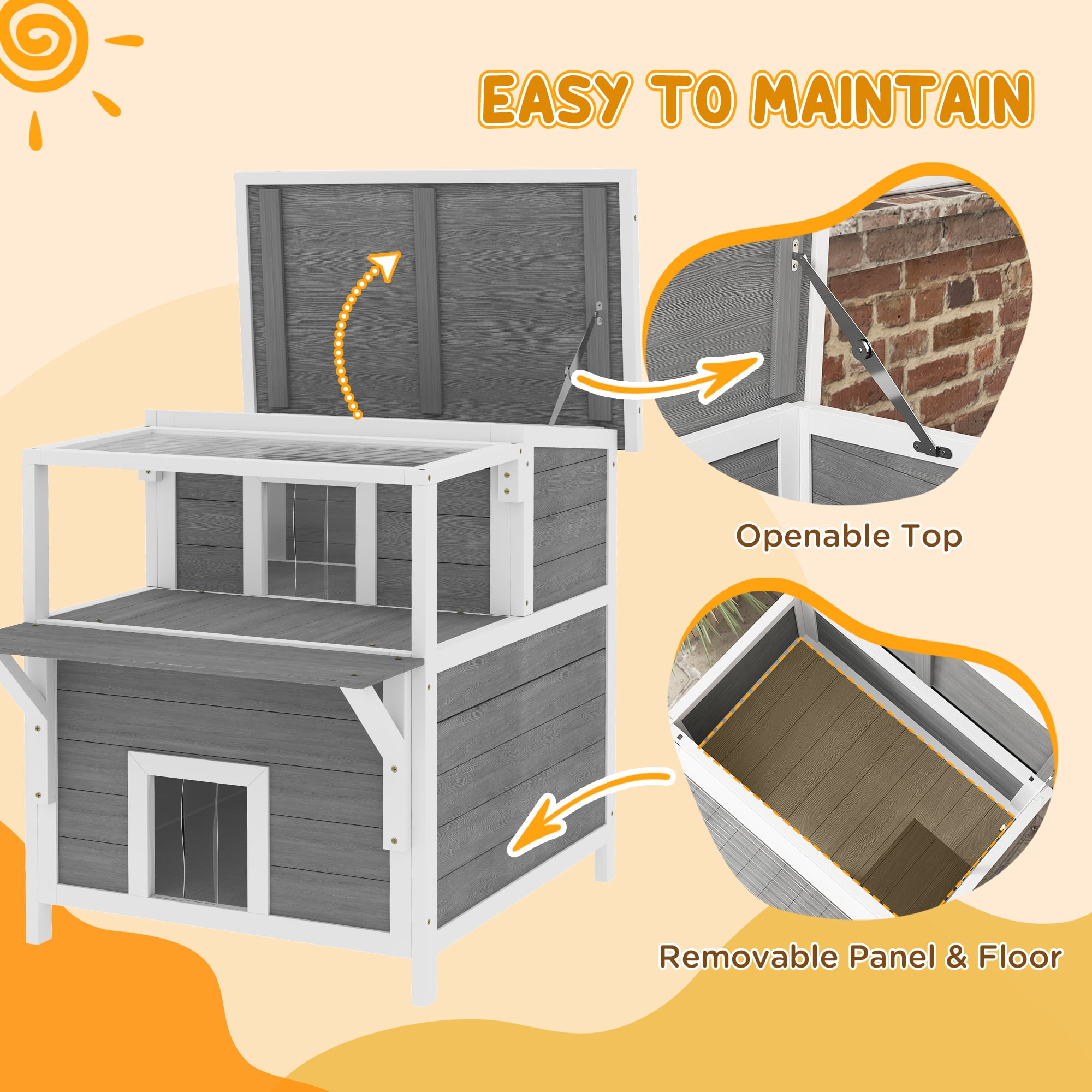 PawHut Outdoor Cat House with Balcony, Feral Cat Shelter with Weatherproof Openable Top, Escape Door, Removable Panel & Floor, for Backyard, Outside