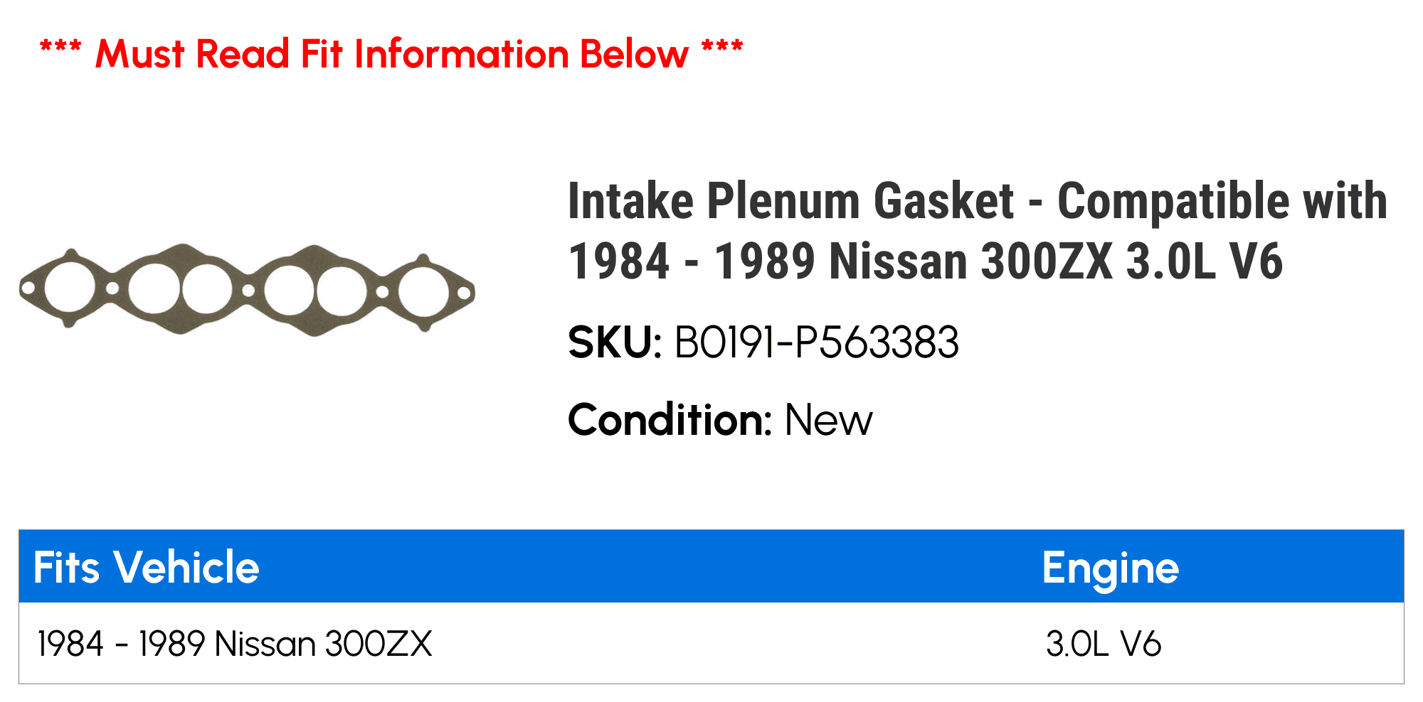 Intake Plenum Gasket Compatible with 1984 1989 Nissan 300ZX 3.0L V6  1985 1986 1987 1988