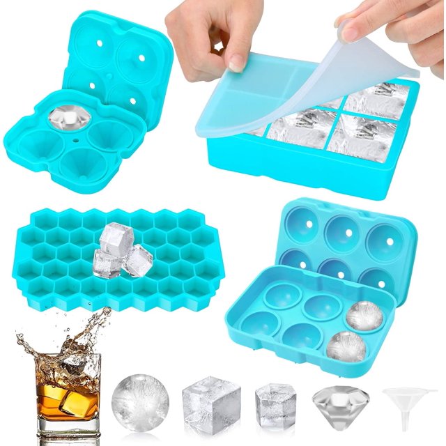 Ice Cube Tray,Silicone Ice Cube Molds for Freezer with Lid (Set of 4) - Sphere Ice Ball, Large Square, Diamond Cut & Hexagonal Shapes Ice Maker for Whiskey,Reusable and BPA Free