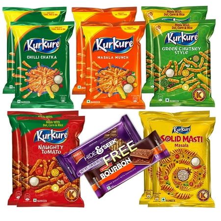 12-PK Exotic World Indian Snacks, 2Pk - Kurkure Masala munch, 2Pk Chilli Chataka, 2Pk Green Chutney, 2Pk Naughty Tomato, 2Pk Solid Masti with Free Hide & Seek and Bourbon