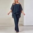 thumbnail image 2 of Morttic Women's Casual Solid Color 2 Piece Set – Batwing Sleeve Double-Layer Hem Top & Wide Leg Pants Office & Vacation Wear Navy Blue，XXL, 2 of 6