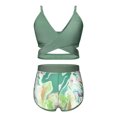 thumbnail image 3 of Raenseen Kids Girls 3-Piece Rash Guard Swimsuit Bathing Suit Bikini Set and Tropical Print Cover Up Beach Shorts Green 140, 3 of 7