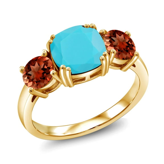 Gem Stone King 18K Yellow Gold Plated Silver Green Turquoise and Red Garnet 3 Stone Engagement Ring for Women (4.00 Cttw, Gemstone, Cushion 8MM, Size 8)