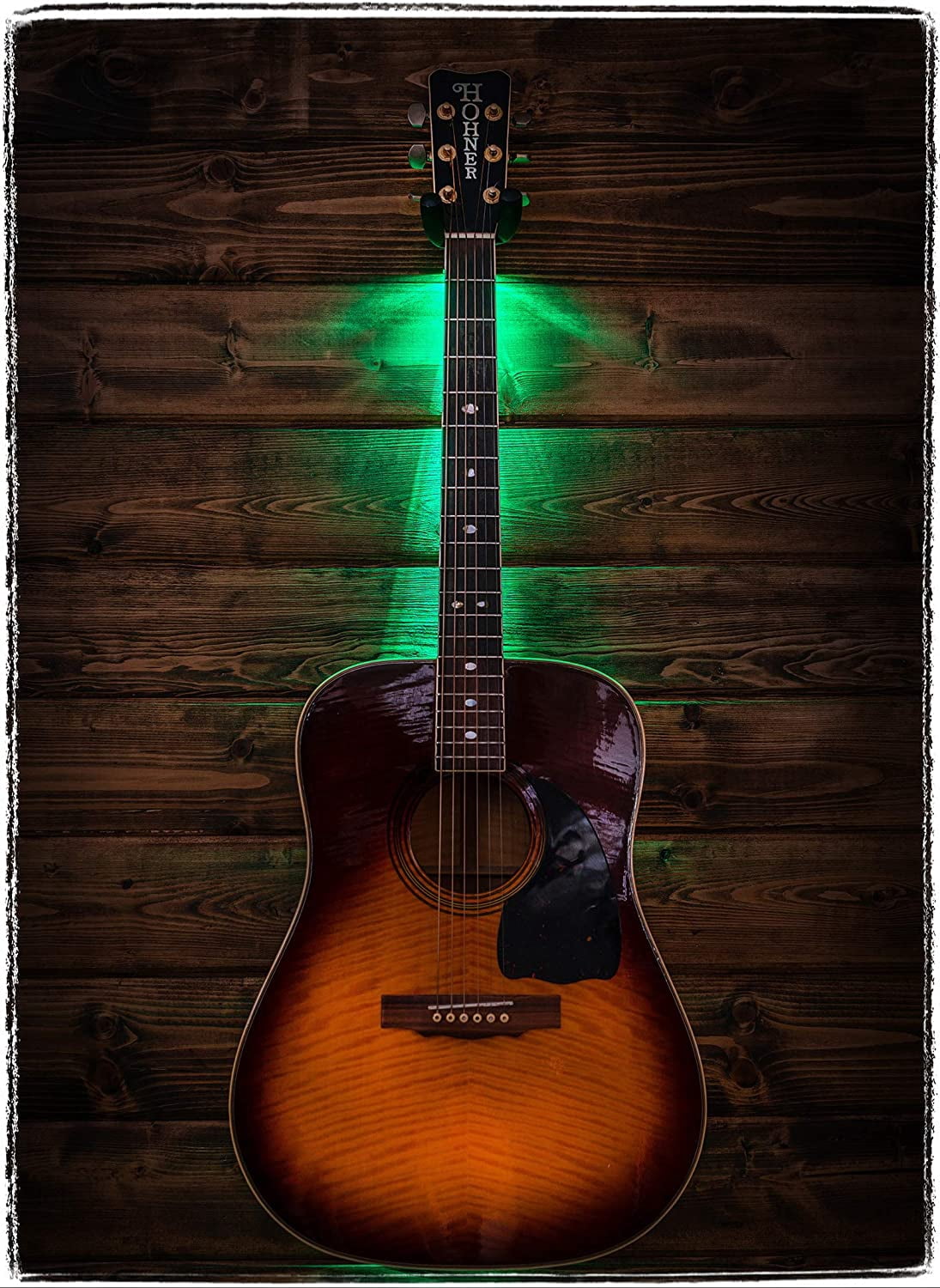 MuzicLight Light Up Wide Neck Guitar Wall Mount Bracket or Holder for Electric Guitars, 7 String Bass, or Concert Acoustic Guitars Using LED for Guitar Display with Ambient Surround Lighting